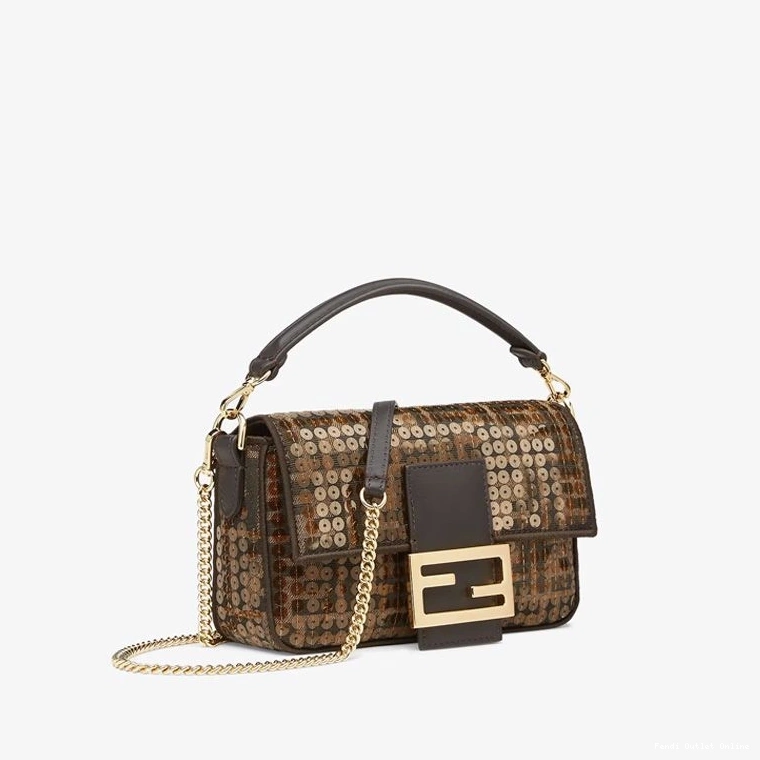 Affordable with Brown FF Fendi Baguette Mini Bag In Motif Fabric Sequins 0728
